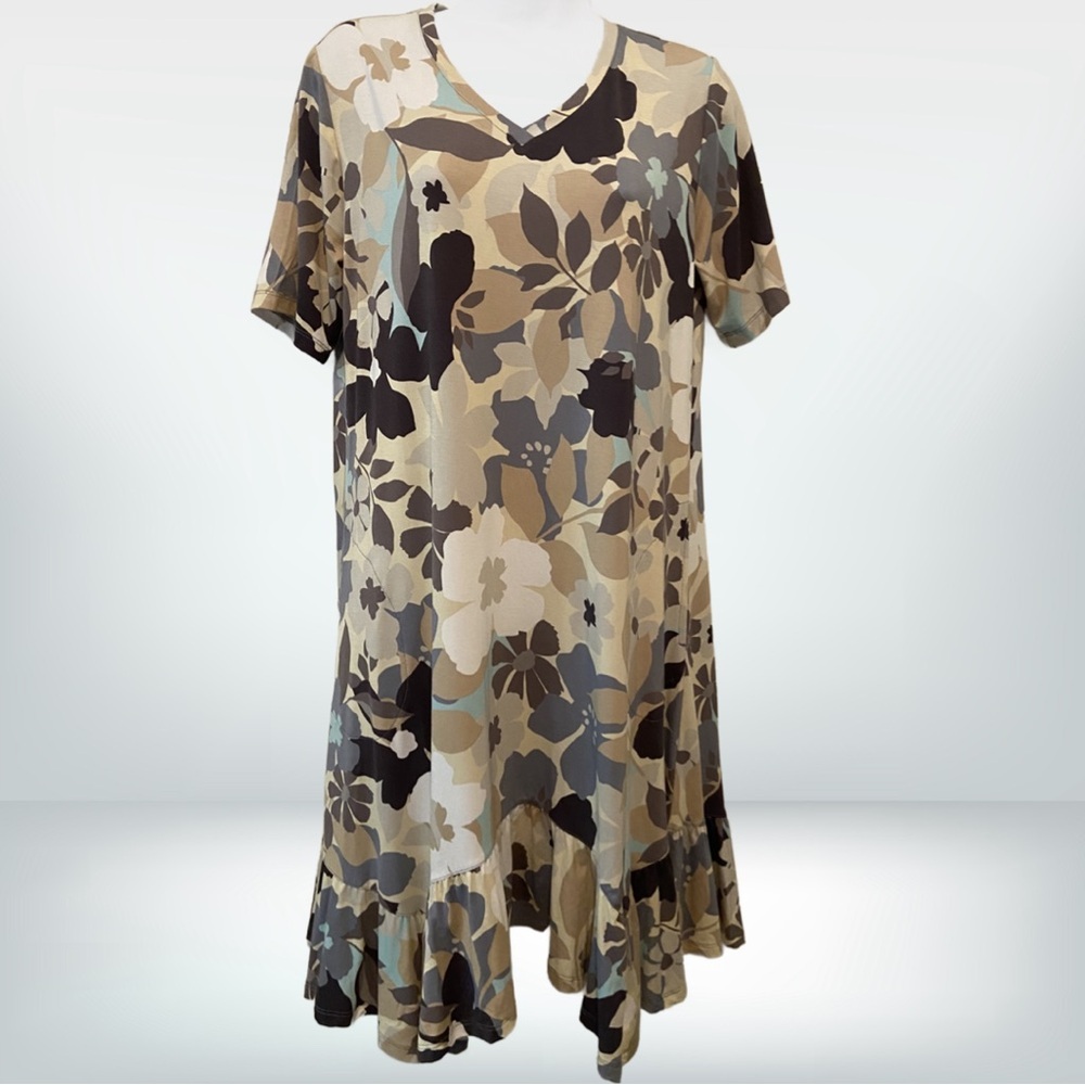 LOGO by Lori Goldstein Rayon 230 Elbow Sleeve Ruffle Hem Dress Neutral Floral SP